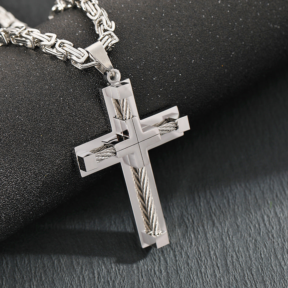 Men's Stainless Steel Layered Cross Pendant with Byzantine Chain - Fashion Statement Necklace(silver) - Image 4