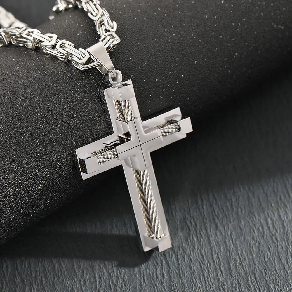 Men's Stainless Steel Layered Cross Pendant with Byzantine Chain - Fashion Statement Necklace(silver) - Image 4