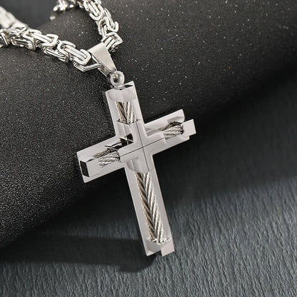 Men's Stainless Steel Layered Cross Pendant with Byzantine Chain - Fashion Statement Necklace(silver) - Image 4