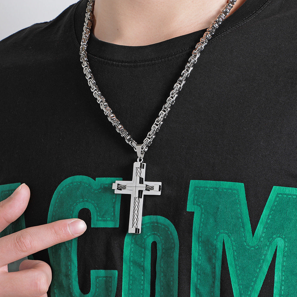 Men's Stainless Steel Layered Cross Pendant with Byzantine Chain - Fashion Statement Necklace(black) - Image 5