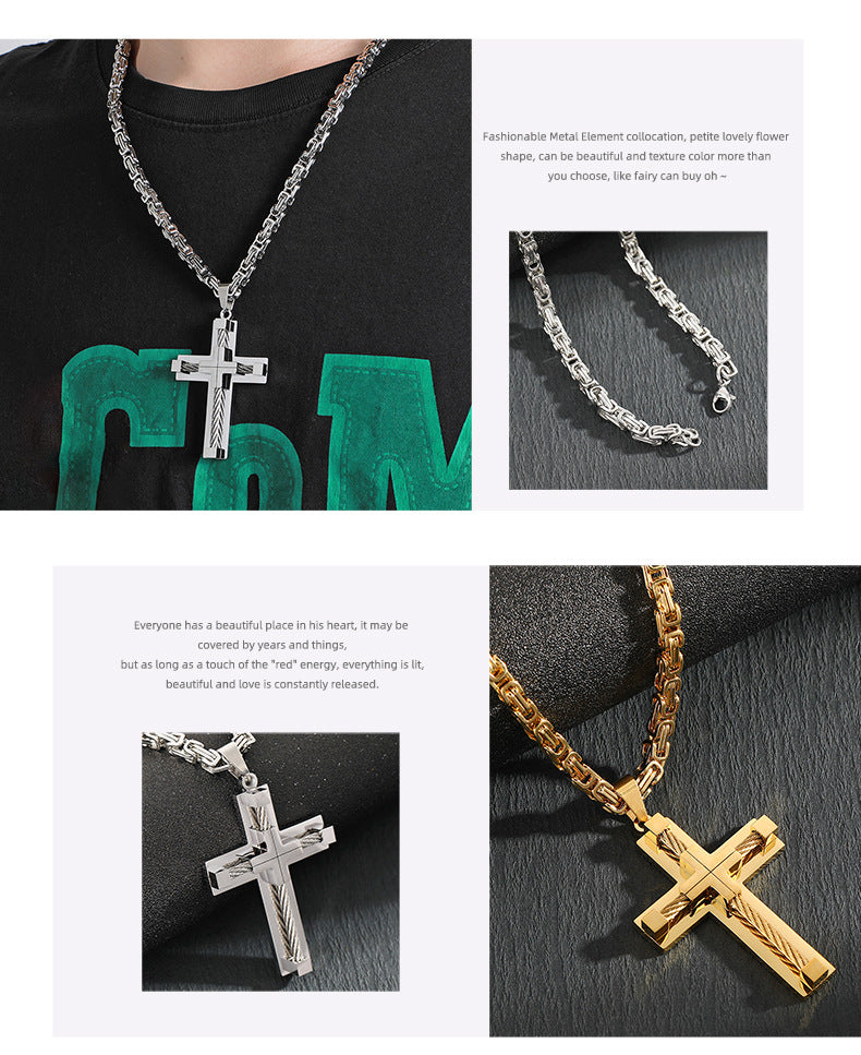 Men's Stainless Steel Layered Cross Pendant with Byzantine Chain - Fashion Statement Necklace(black) - Image 6
