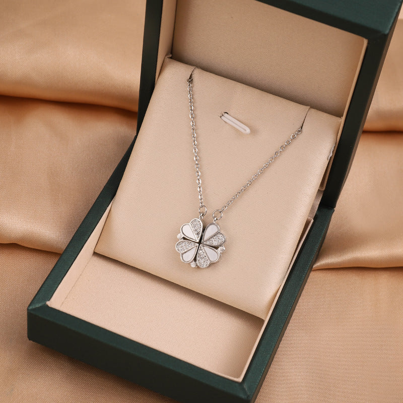 S925 Sterling Silver 2-in-1 Magnetic Convertible Clover to Hearts Pendant Necklace(Platinum)