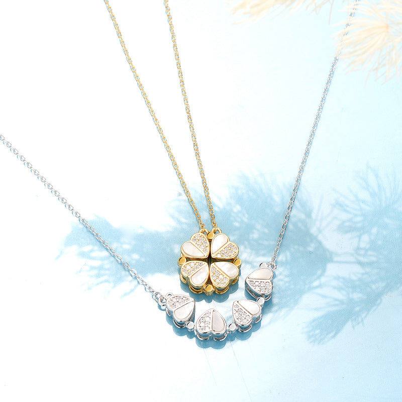 S925 Sterling Silver 2-in-1 Magnetic Convertible Clover to Hearts Pendant Necklace(Platinum) - Image 2