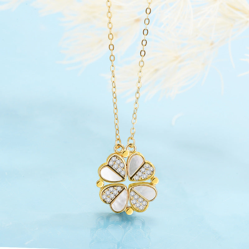 S925 Sterling Silver 2-in-1 Magnetic Convertible Clover to Hearts Pendant Necklace(Platinum) - Image 3