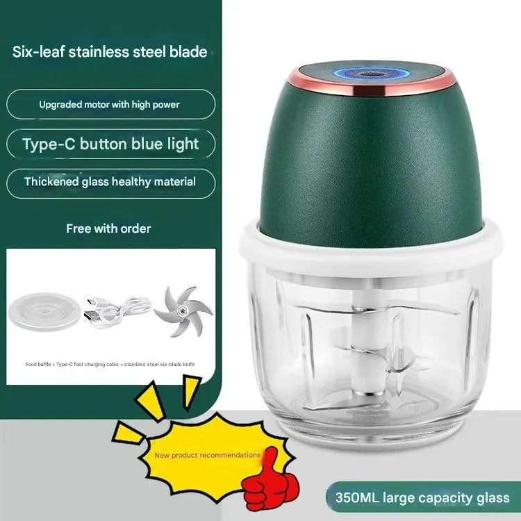 Electric Mini Garlic Chopper with Glass Bowl - USB Rechargeable, 6 Blades, Large Capacity(green)