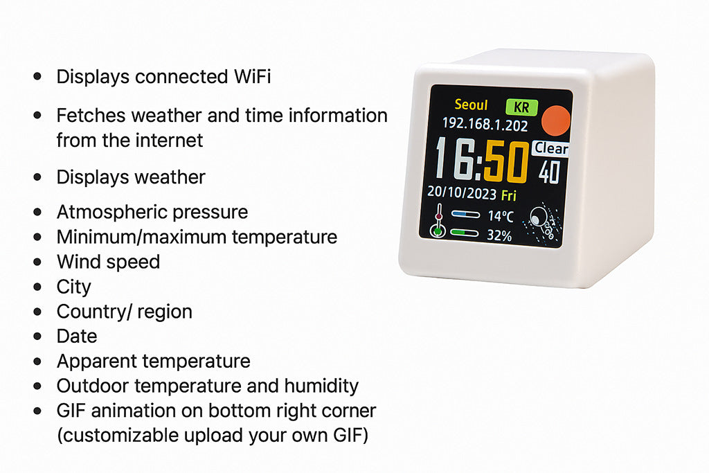 2pc Mini Smart Wi-Fi Weather Station Clock - Desktop Digital Clock with HD IPS Screen, Customizable GIF Display & 3-Day Forecast(White) - Image 5