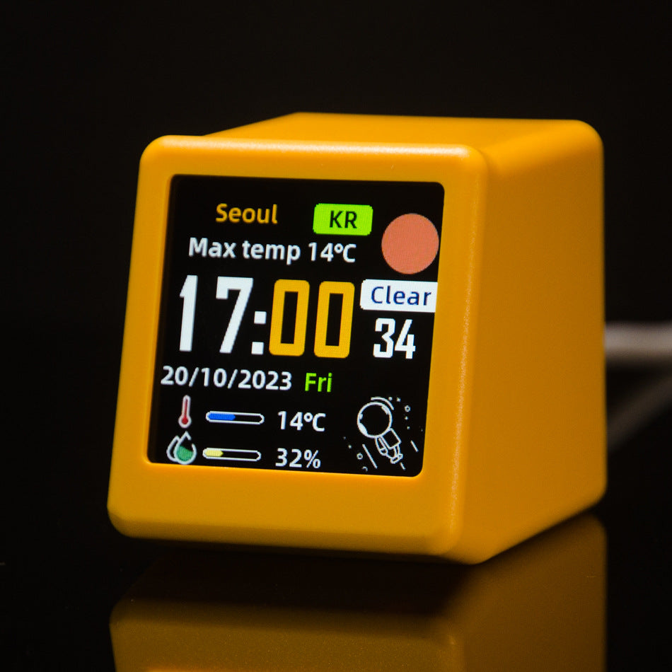 2pc Mini Smart Wi-Fi Weather Station Clock - Desktop Digital Clock with HD IPS Screen, Customizable GIF Display & 3-Day Forecast(Yellow)