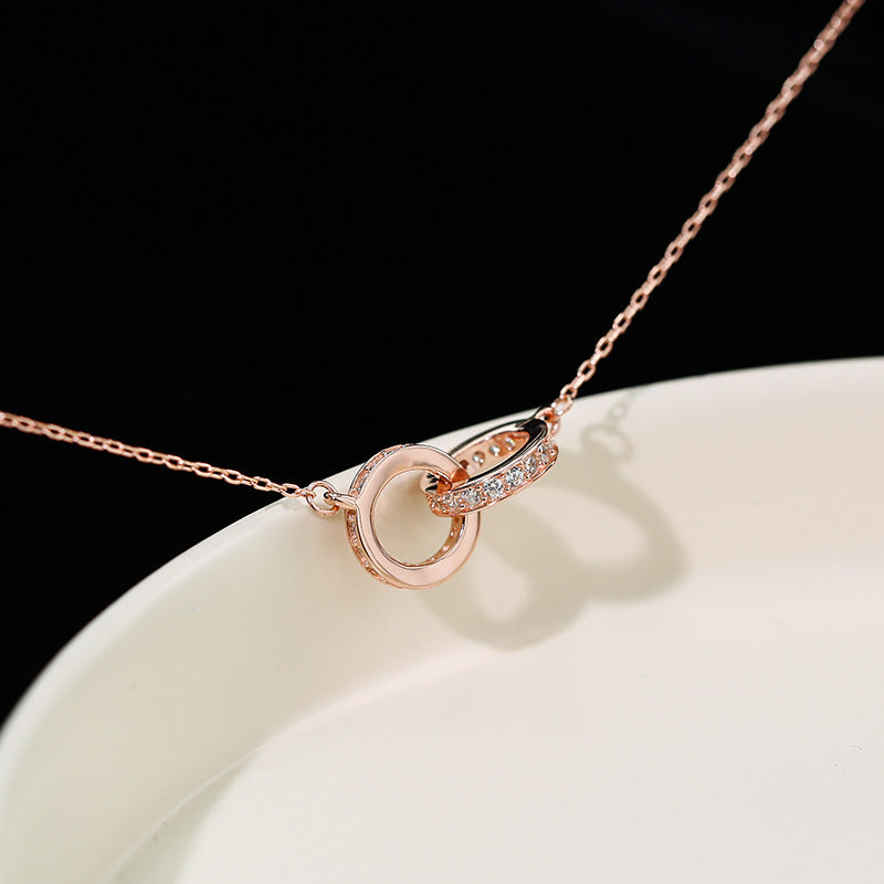 2pc Elegant Interlocking Rings Pendant Necklace with Zirconia Accents - Copper Base, Minimalist Jewelry(Rose gold) - Image 5