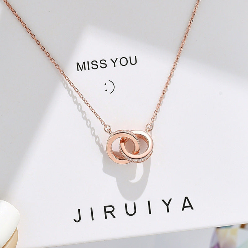 2pc Elegant Interlocking Rings Pendant Necklace with Zirconia Accents - Copper Base, Minimalist Jewelry(platinum) - Image 3