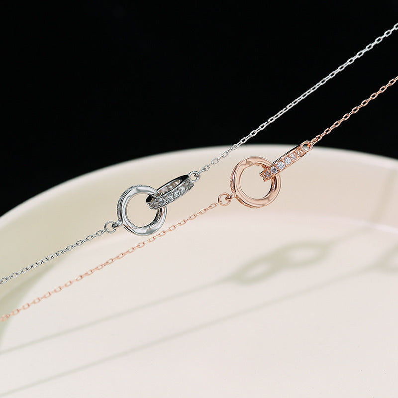2pc Elegant Interlocking Rings Pendant Necklace with Zirconia Accents - Copper Base, Minimalist Jewelry(platinum) - Image 4