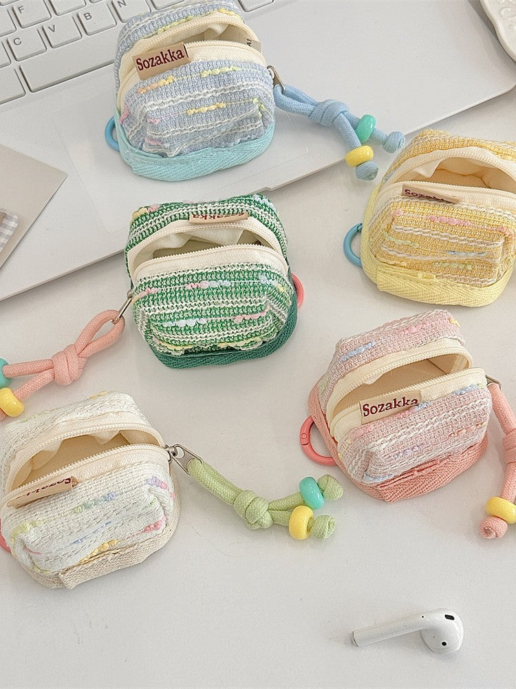 3pc Chic Woven Mini Backpack Pouch - Earphone Case & Coin Purse with Keychain Lanyard(white) - Image 3