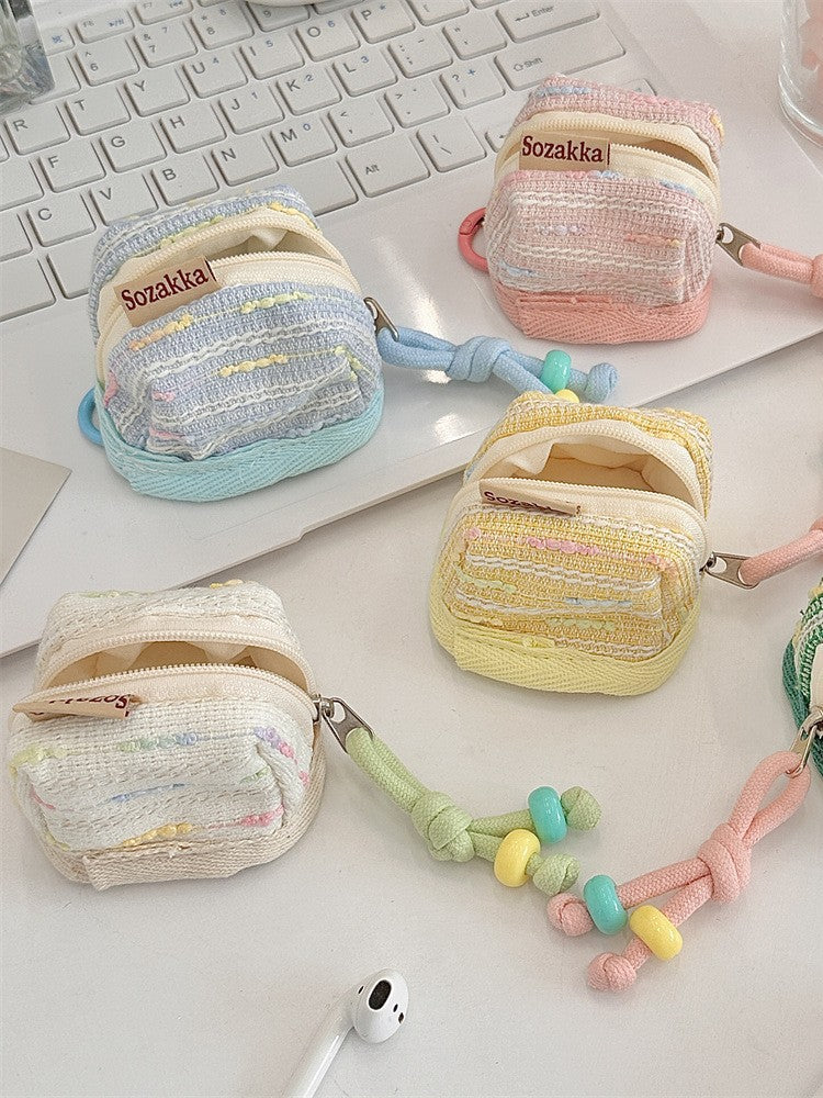 3pc Chic Woven Mini Backpack Pouch - Earphone Case & Coin Purse with Keychain Lanyard(white) - Image 7