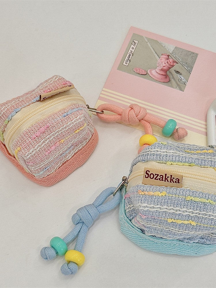 3pc Chic Woven Mini Backpack Pouch - Earphone Case & Coin Purse with Keychain Lanyard(pink) - Image 6