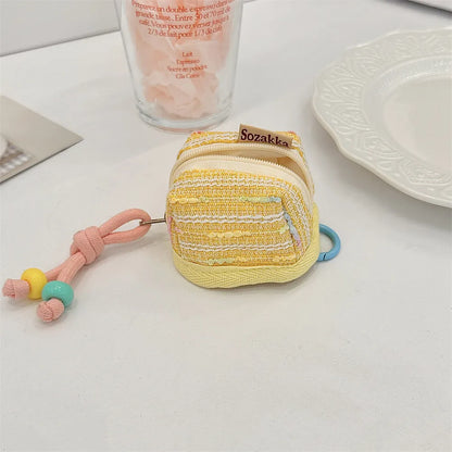 3pc Chic Woven Mini Backpack Pouch - Earphone Case & Coin Purse with Keychain Lanyard(yellow)