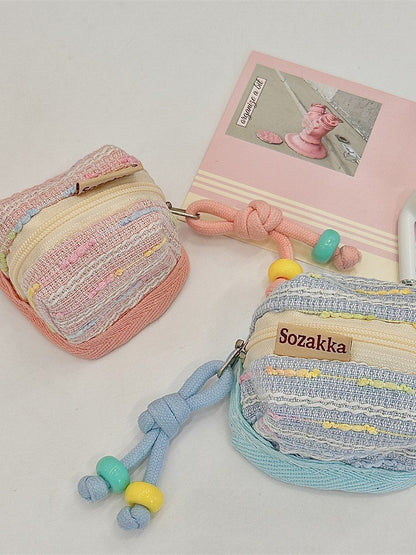 3pc Chic Woven Mini Backpack Pouch - Earphone Case & Coin Purse with Keychain Lanyard(yellow) - Image 6