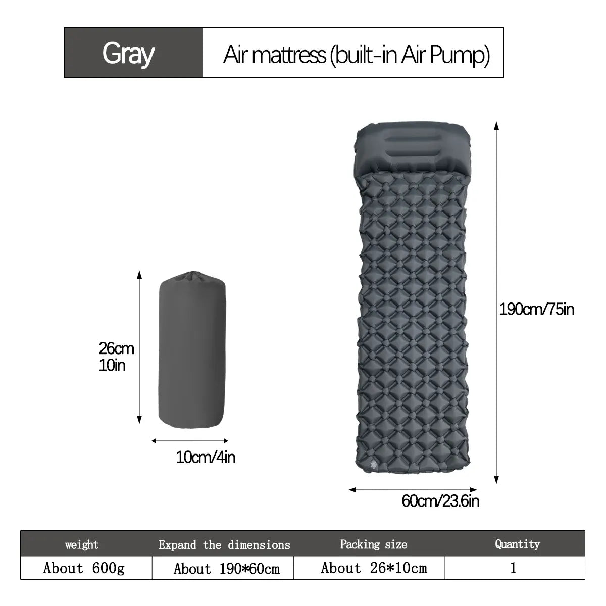 2pc Ultralight Inflatable Camping Sleeping Mat with Integrated Pillow - Waterproof 40D Nylon TPU(Grey)