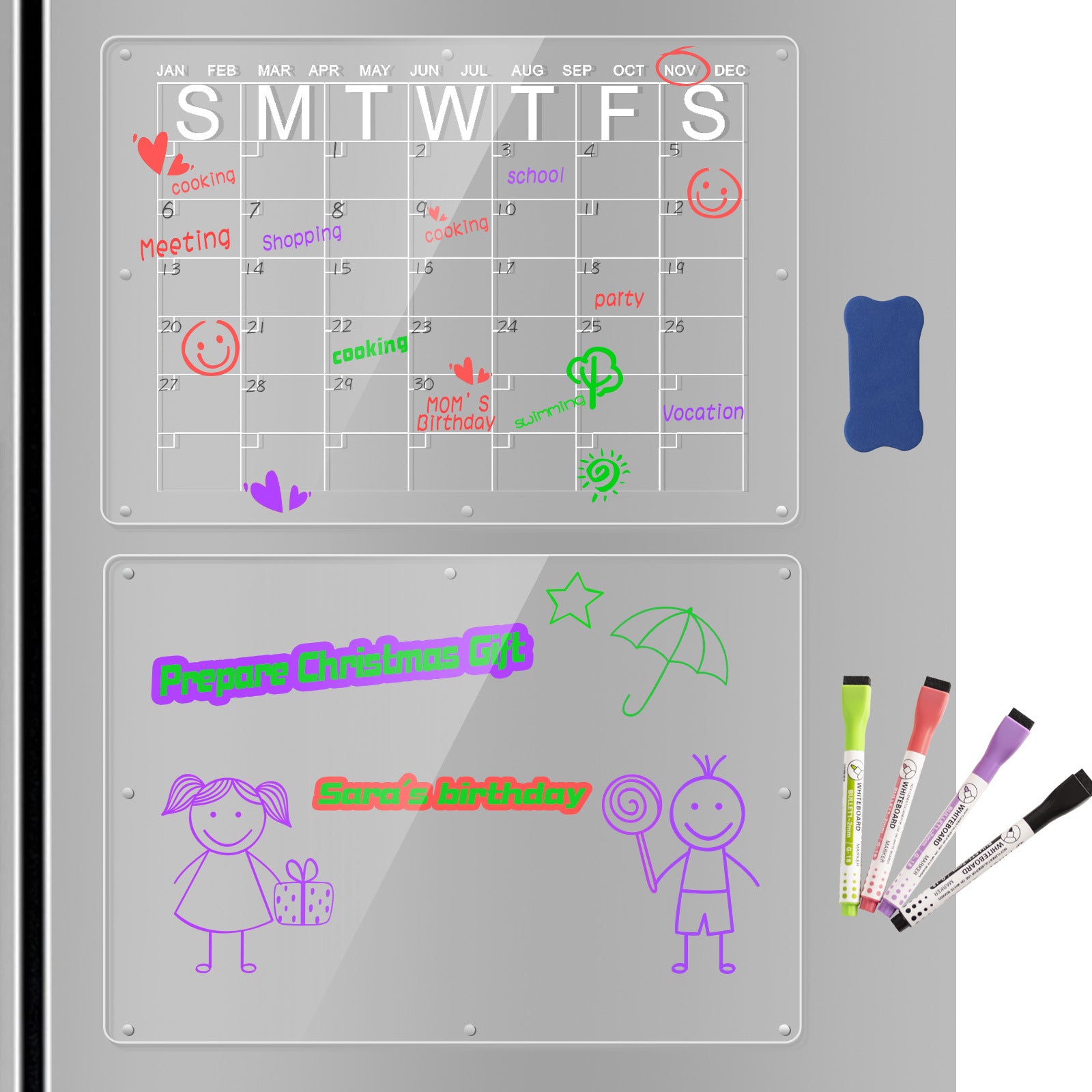 Magnetic Acrylic Fridge Calendar & Memo Board Set - Dry Erase Planner with Markers & Eraser(40*30cm 3mm) - Image 5