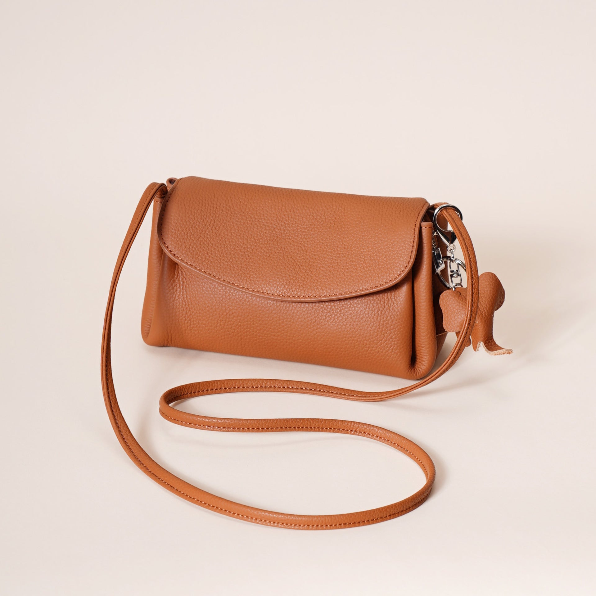Genuine Leather Flap Crossbody Bag with Elephant Charm - Compact & Stylish Shoulder Purse(Golden brown) - Image 2