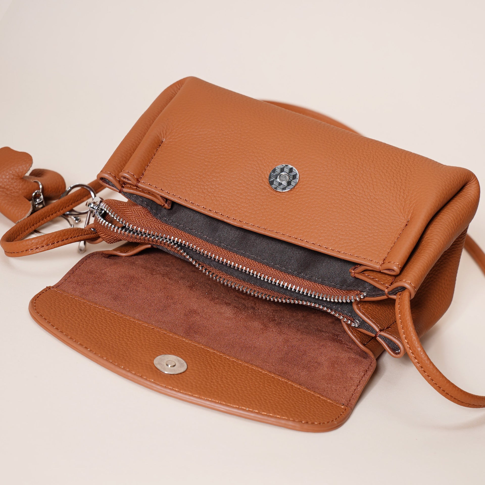 Genuine Leather Flap Crossbody Bag with Elephant Charm - Compact & Stylish Shoulder Purse(Dark gray) - Image 8