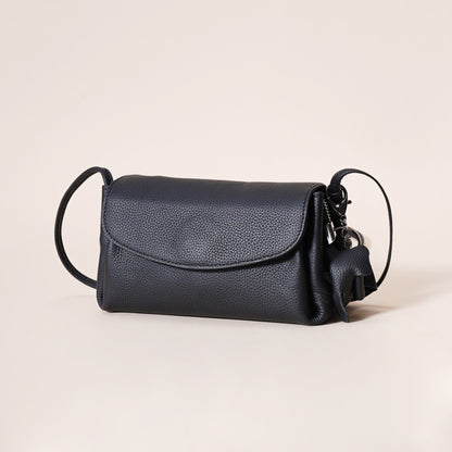 Genuine Leather Flap Crossbody Bag with Elephant Charm - Compact & Stylish Shoulder Purse(Black)