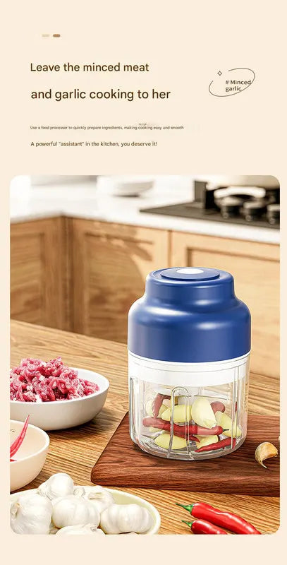 Powerful Mini Electric Food Chopper - USB Rechargeable Cordless Garlic & Meat Mincer(Blue 250ml + 4-blade knife) - Image 3