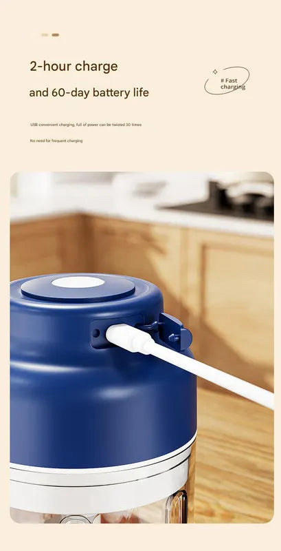 Powerful Mini Electric Food Chopper - USB Rechargeable Cordless Garlic & Meat Mincer(Blue 250ml + 4-blade knife) - Image 5