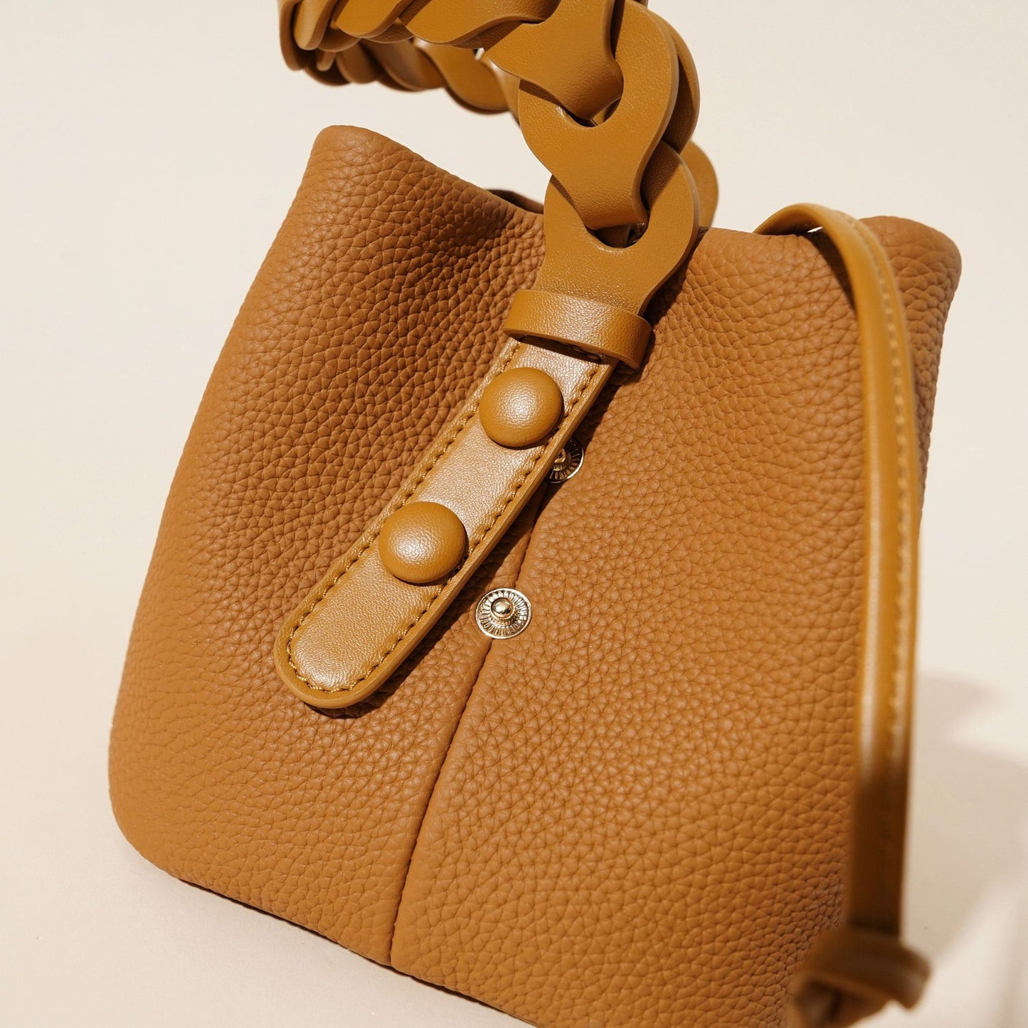 Genuine Leather Mini Bucket Bag with Braided Handle - Chic Drawstring Crossbody Purse(Gray) - Image 3