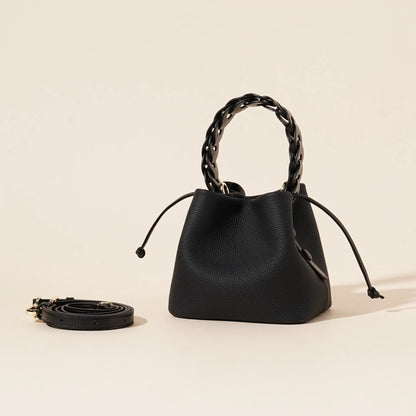Genuine Leather Mini Bucket Bag with Braided Handle - Chic Drawstring Crossbody Purse(Black)