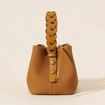 Genuine Leather Mini Bucket Bag with Braided Handle - Chic Drawstring Crossbody Purse(Black) - Image 2