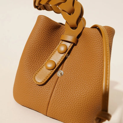 Genuine Leather Mini Bucket Bag with Braided Handle - Chic Drawstring Crossbody Purse(Black) - Image 3