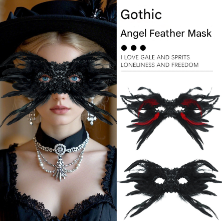 Red and Black Mysterious Gothic Feather Masquerade Mask - Black Angel Wing Venetian Party Costume - Image 2