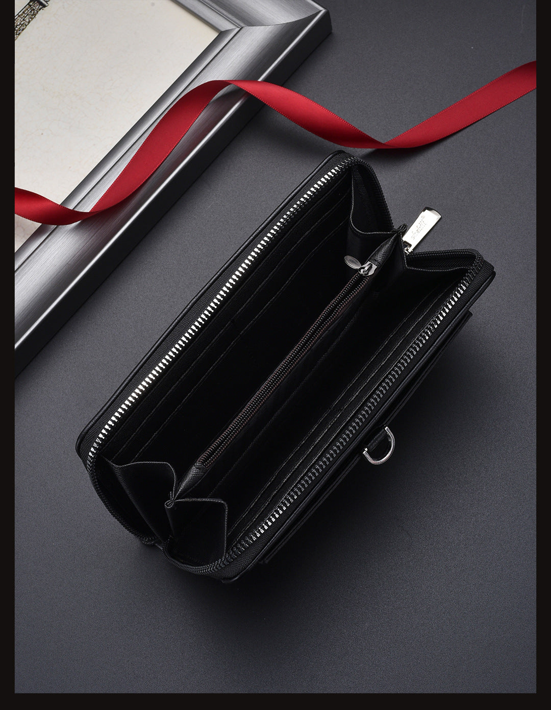 Black Classic Long Zipper Wallet Clutch - Large Capacity PU Leather Phone & Card Holder with Wrist Strap - Image 2