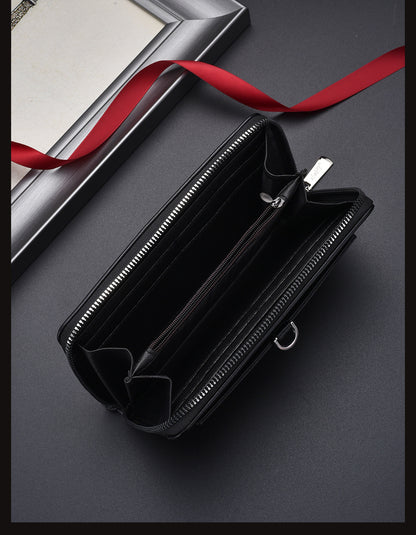 Black Classic Long Zipper Wallet Clutch - Large Capacity PU Leather Phone & Card Holder with Wrist Strap - Image 2