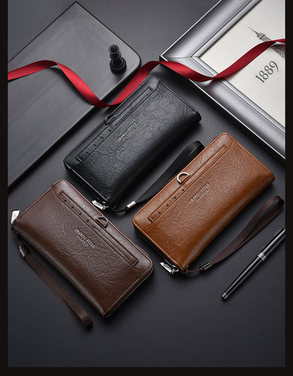 Black Classic Long Zipper Wallet Clutch - Large Capacity PU Leather Phone & Card Holder with Wrist Strap - Image 3
