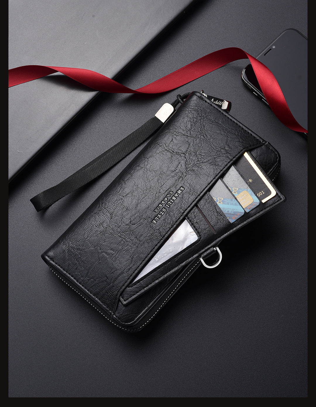 Black Classic Long Zipper Wallet Clutch - Large Capacity PU Leather Phone & Card Holder with Wrist Strap - Image 4