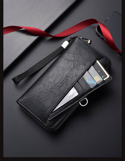 Black Classic Long Zipper Wallet Clutch - Large Capacity PU Leather Phone & Card Holder with Wrist Strap - Image 4