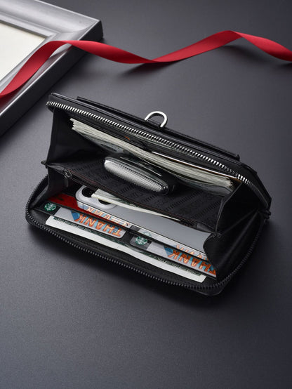 Black Classic Long Zipper Wallet Clutch - Large Capacity PU Leather Phone & Card Holder with Wrist Strap - Image 8