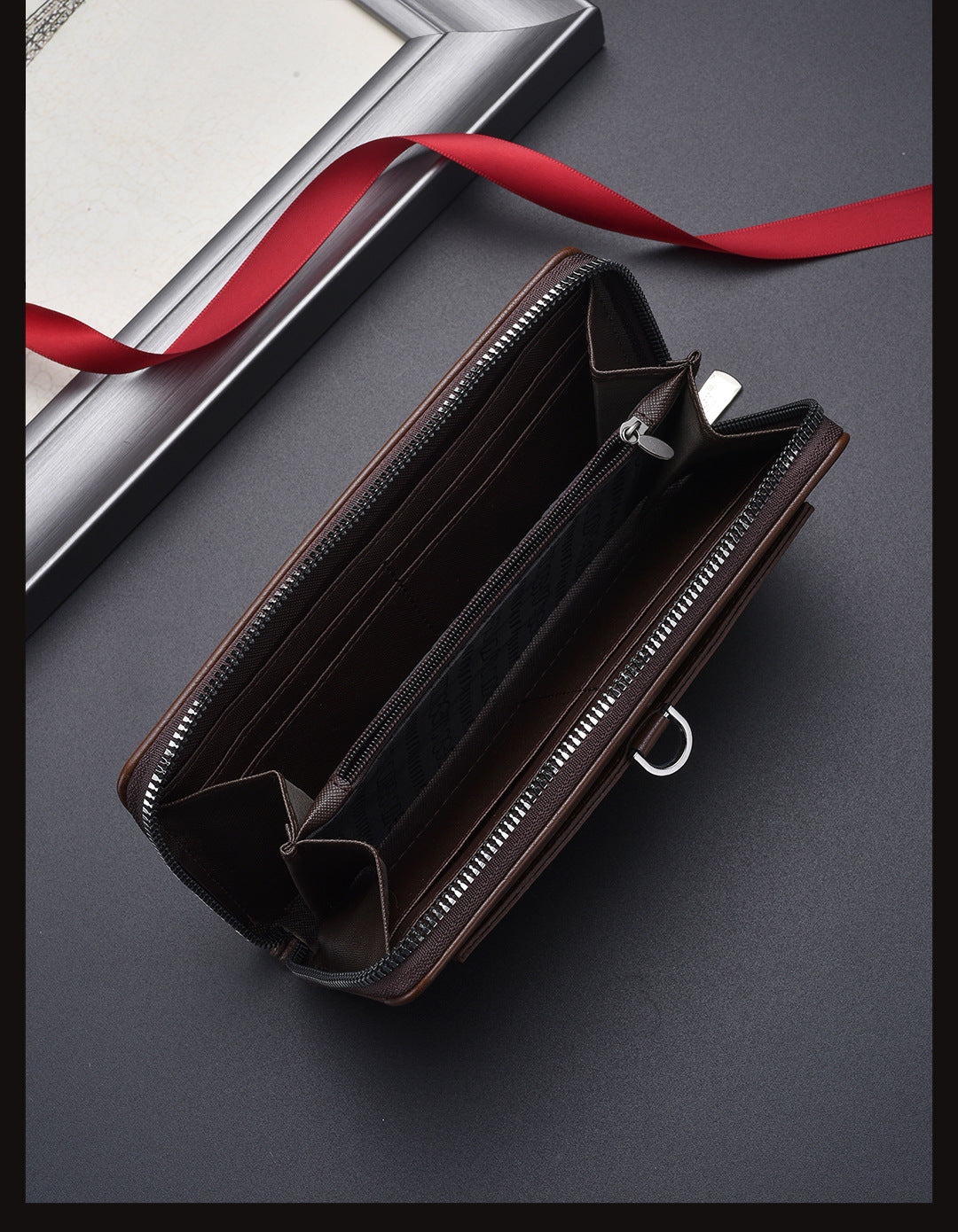 Coffee Classic Long Zipper Wallet Clutch - Large Capacity PU Leather Phone & Card Holder with Wrist Strap - Image 2