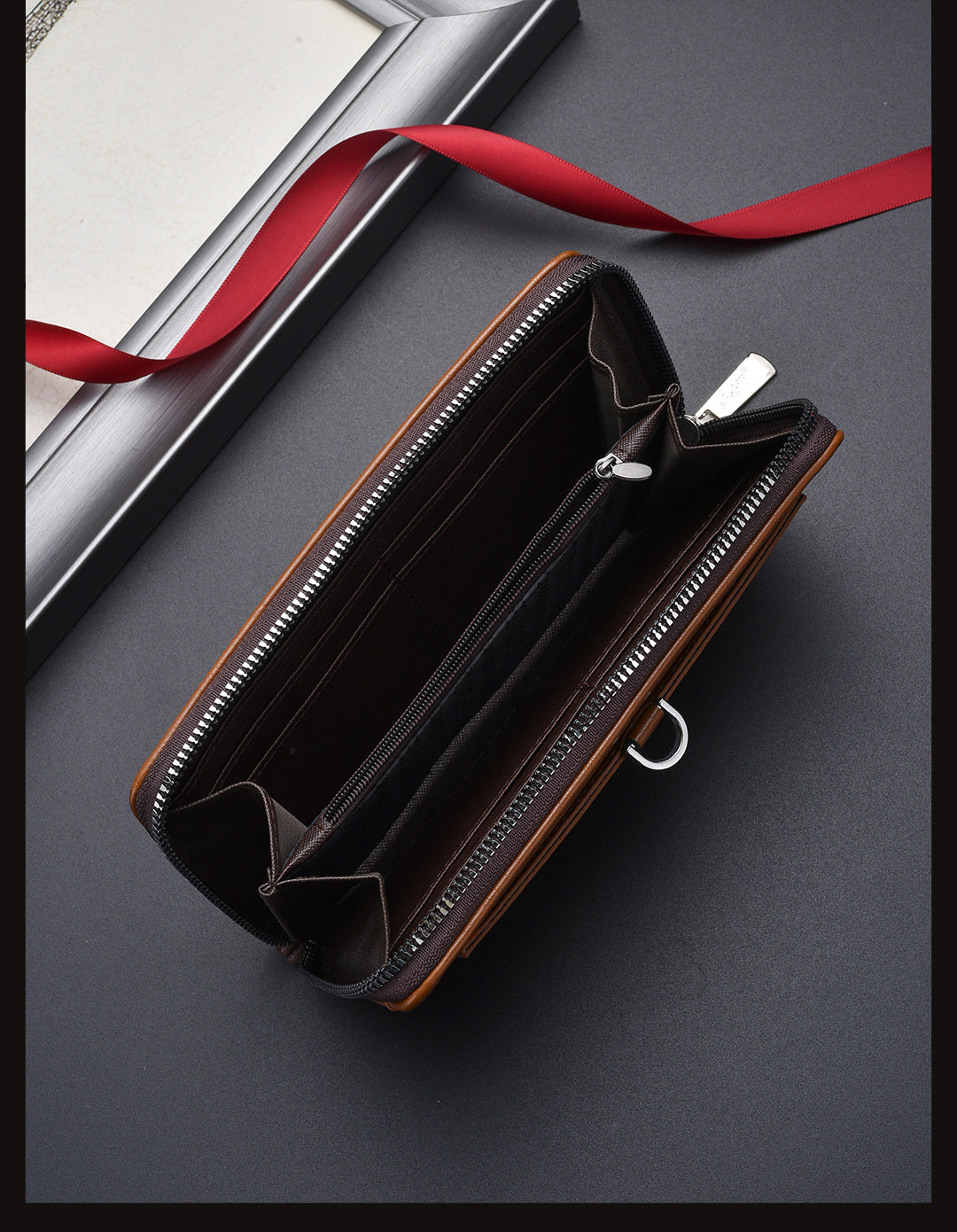 Brown Classic Long Zipper Wallet Clutch - Large Capacity PU Leather Phone & Card Holder with Wrist Strap - Image 2