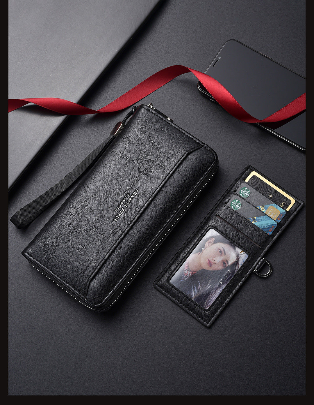 Brown Classic Long Zipper Wallet Clutch - Large Capacity PU Leather Phone & Card Holder with Wrist Strap - Image 6