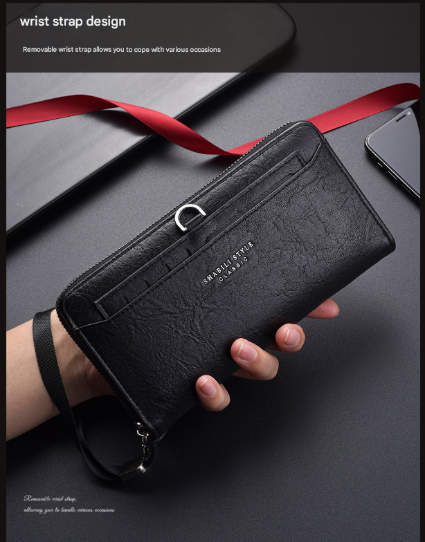 Brown Classic Long Zipper Wallet Clutch - Large Capacity PU Leather Phone & Card Holder with Wrist Strap - Image 7