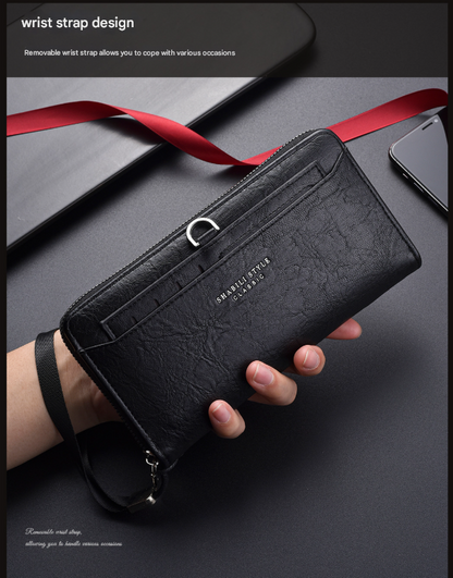 Brown Classic Long Zipper Wallet Clutch - Large Capacity PU Leather Phone & Card Holder with Wrist Strap - Image 7