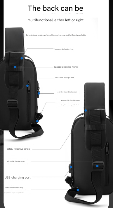 Black Men's Anti-Theft Crossbody Sling Bag with USB Charging Port & Combination Lock - Image 6