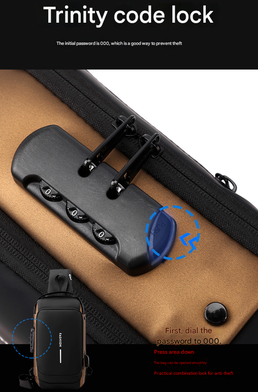 Black and Brown Men's Anti-Theft Crossbody Sling Bag with USB Charging Port & Combination Lock - Image 7