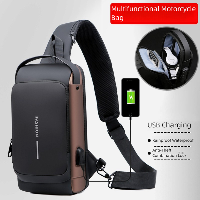 Blue and Brown Men's Anti-Theft Crossbody Sling Bag with USB Charging Port & Combination Lock - Image 3