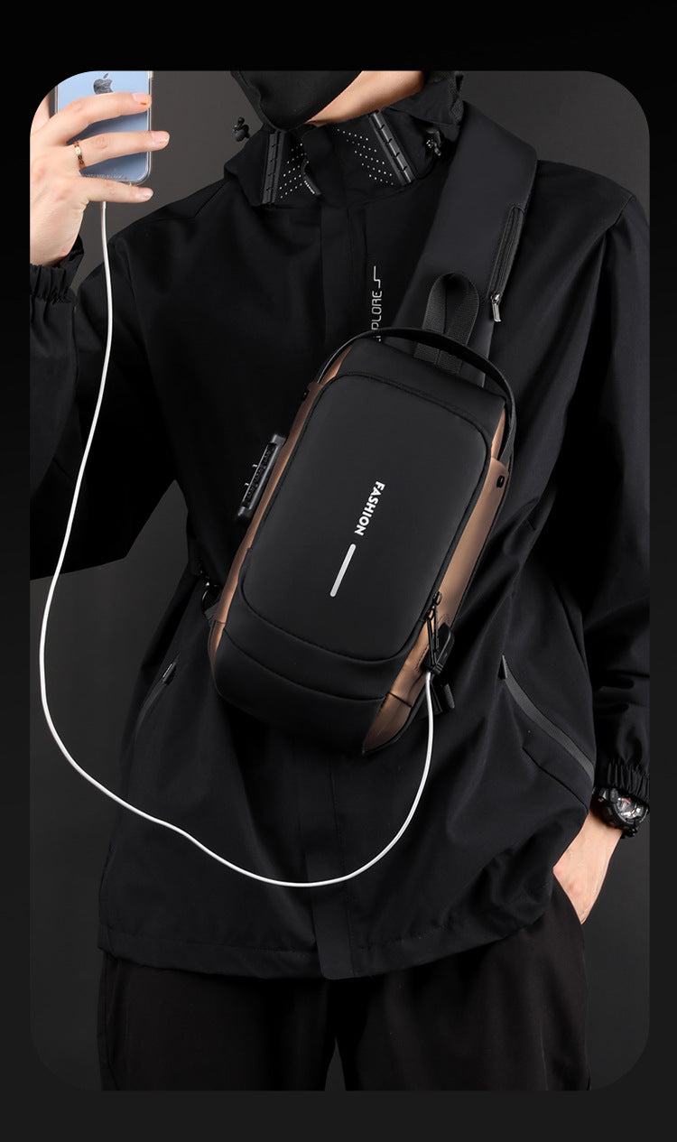 Grey and Brown Men's Anti-Theft Crossbody Sling Bag with USB Charging Port & Combination Lock - Image 4