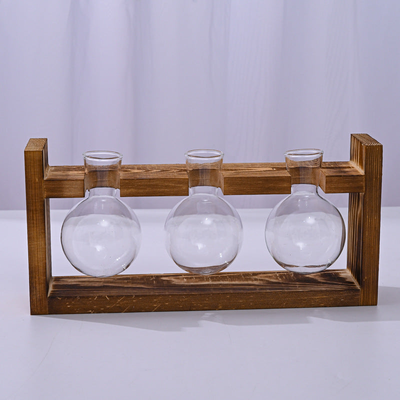 Brown Desktop Plant Propagation Station - Rustic Wooden Stand with 3 Glass Bulb Vases for Hydroponics & Cuttings - Image 2