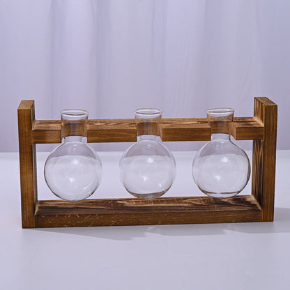 Brown Desktop Plant Propagation Station - Rustic Wooden Stand with 3 Glass Bulb Vases for Hydroponics & Cuttings - Image 2
