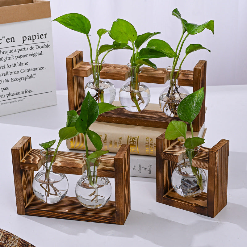 Brown Desktop Plant Propagation Station - Rustic Wooden Stand with 3 Glass Bulb Vases for Hydroponics & Cuttings - Image 3