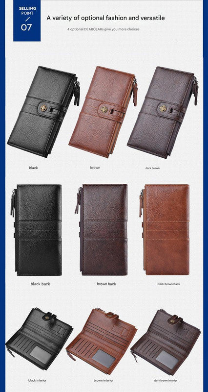 Black Men's Vintage PU Leather Long Wallet - High Capacity Dual Zipper Clutch with Phone & Card Slots - Image 3